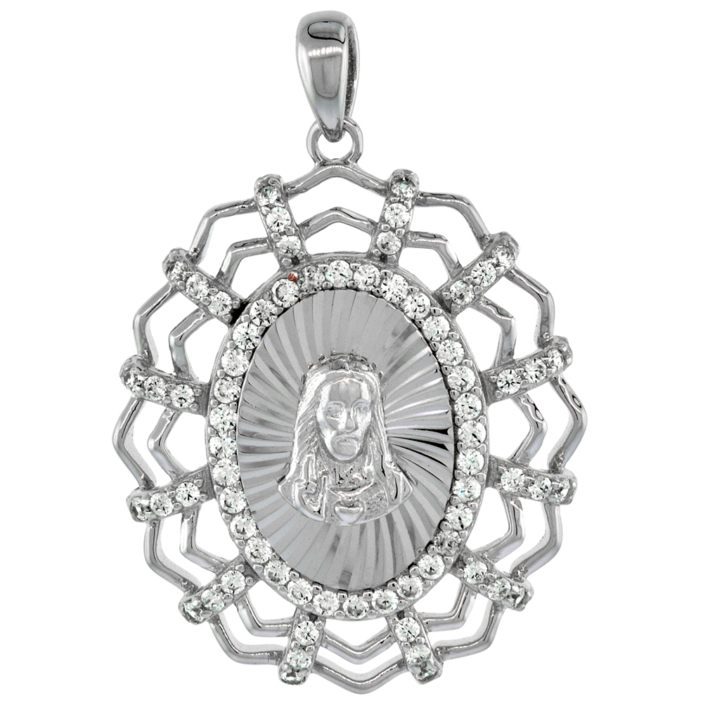 STERLING SILVER SACRED HEART OF JESUS PENDANT MICROPAVE CUBIC ZIRCONIA RHODIUM FINISH OVAL 1 INCH