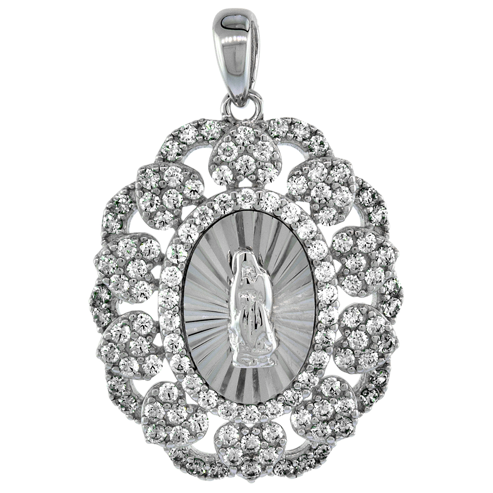 STERLING SILVER ST GUADALUPE MEDAL PENDANT MICROPAVE CZ HEART HALO RHODIUM FINISH OVAL 13/16 INCH