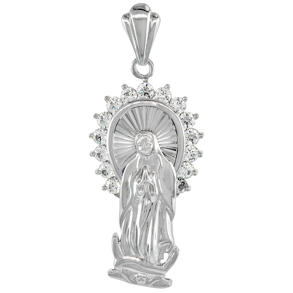 STERLING SILVER ST GUADALUPE PENDANT CUBIC ZIRCONIA DIAMOND CUT RHODIUM FINISH 1 1/4 INCH TALL