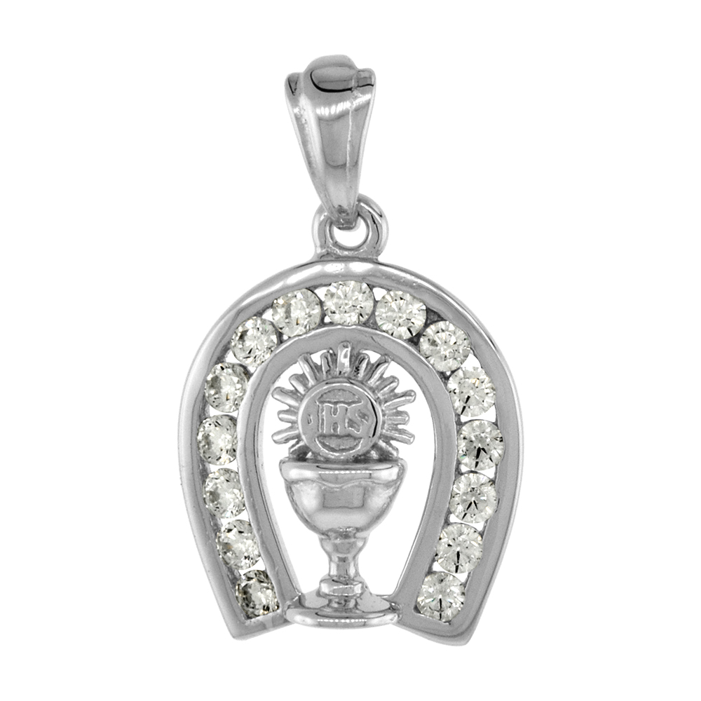 STERLING SILVER FIRST COMMUNION PENDANT CUBIC ZIRCONIA HORSESHOE SMALL RHODIUM FINISH 1/2 INCH TALL