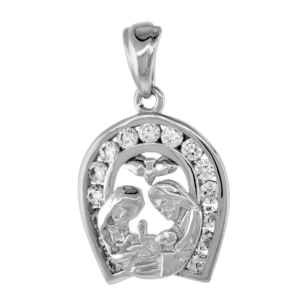 STERLING SILVER HOLY FAMILY PENDANT CUBIC ZIRCONIA HORSESHOE SMALL RHODIUM FINISH 1/2 INCH TALL