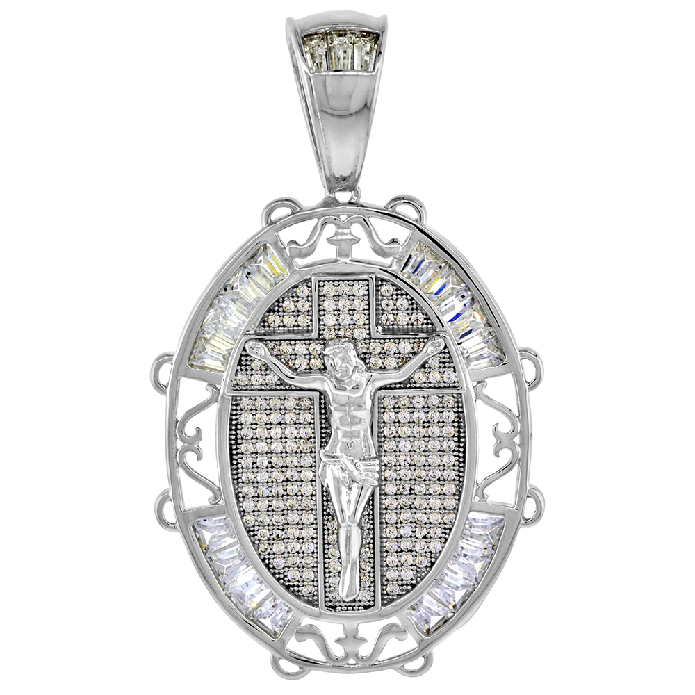 STERLING SILVER CRUCIFIX MEDALLION PENDANT MICRO PAVE CZ BAGUETTE RHODIUM FINISH OVAL 1 3/8 INCH