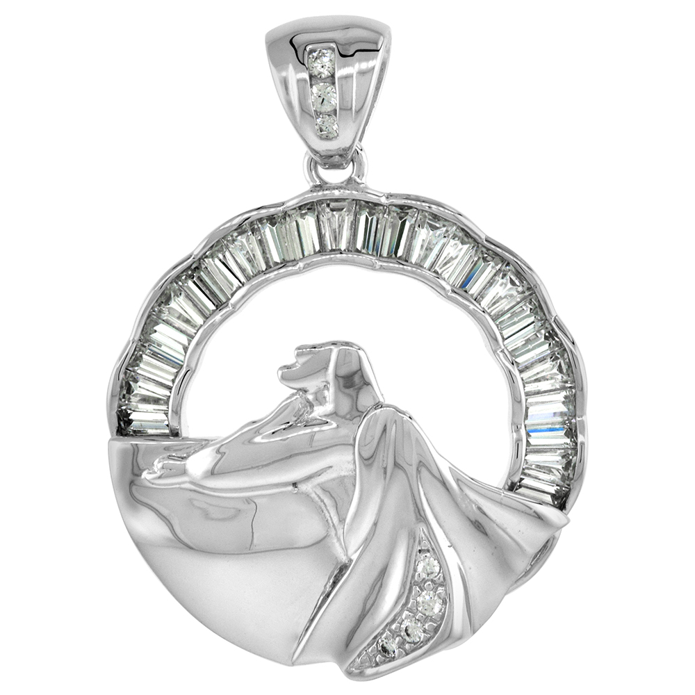 STERLING SILVER KNEELING JESUS PENDANT BAGUETTE CUBIC ZIRCONIA RHODIUM FINISH 1 1/8 INCH ROUND