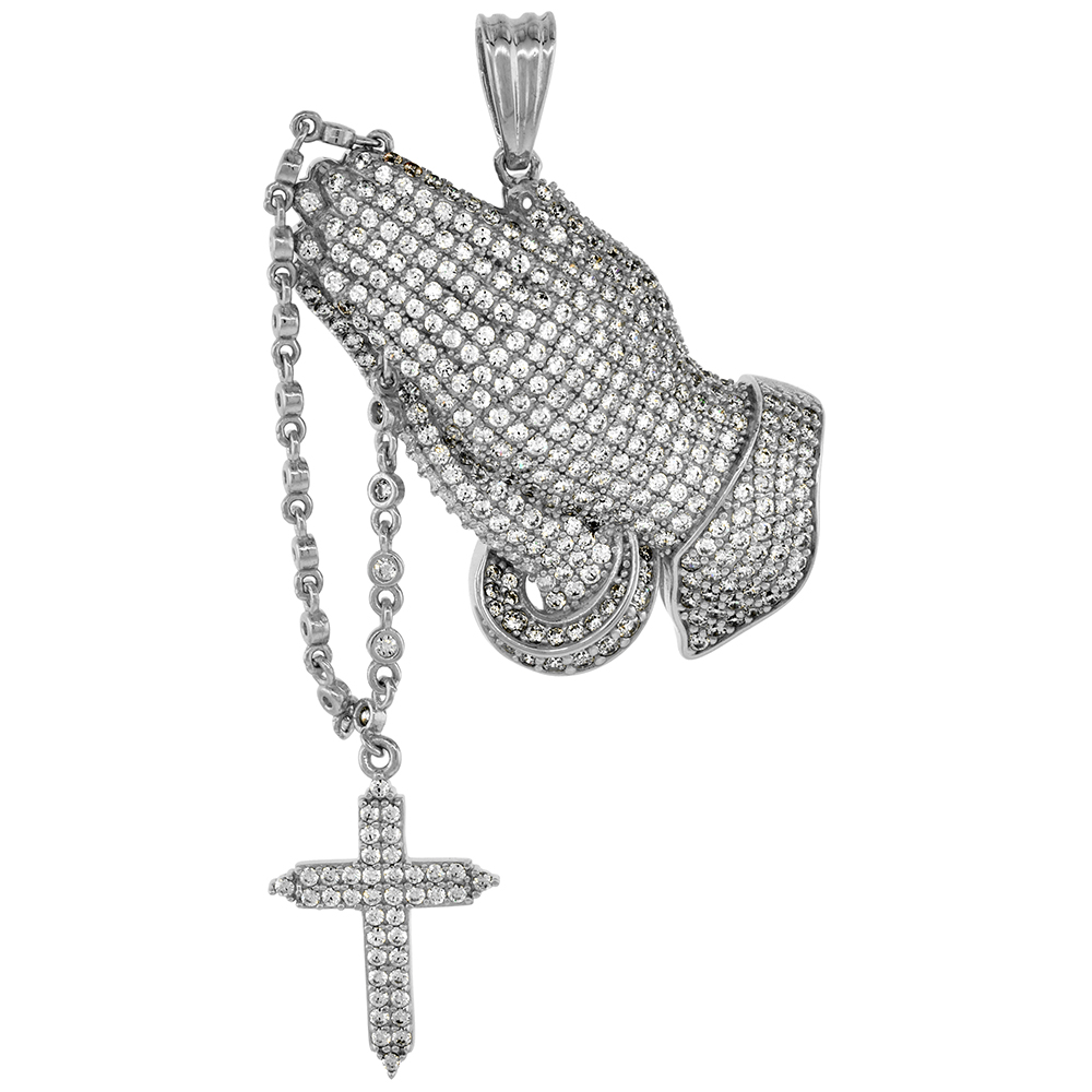 STERLING SILVER MICROPAVE CZ PRAYING HANDS WITH ROSARY PENDANT RHODIUM FINISH 2 9/16 INCH TALL