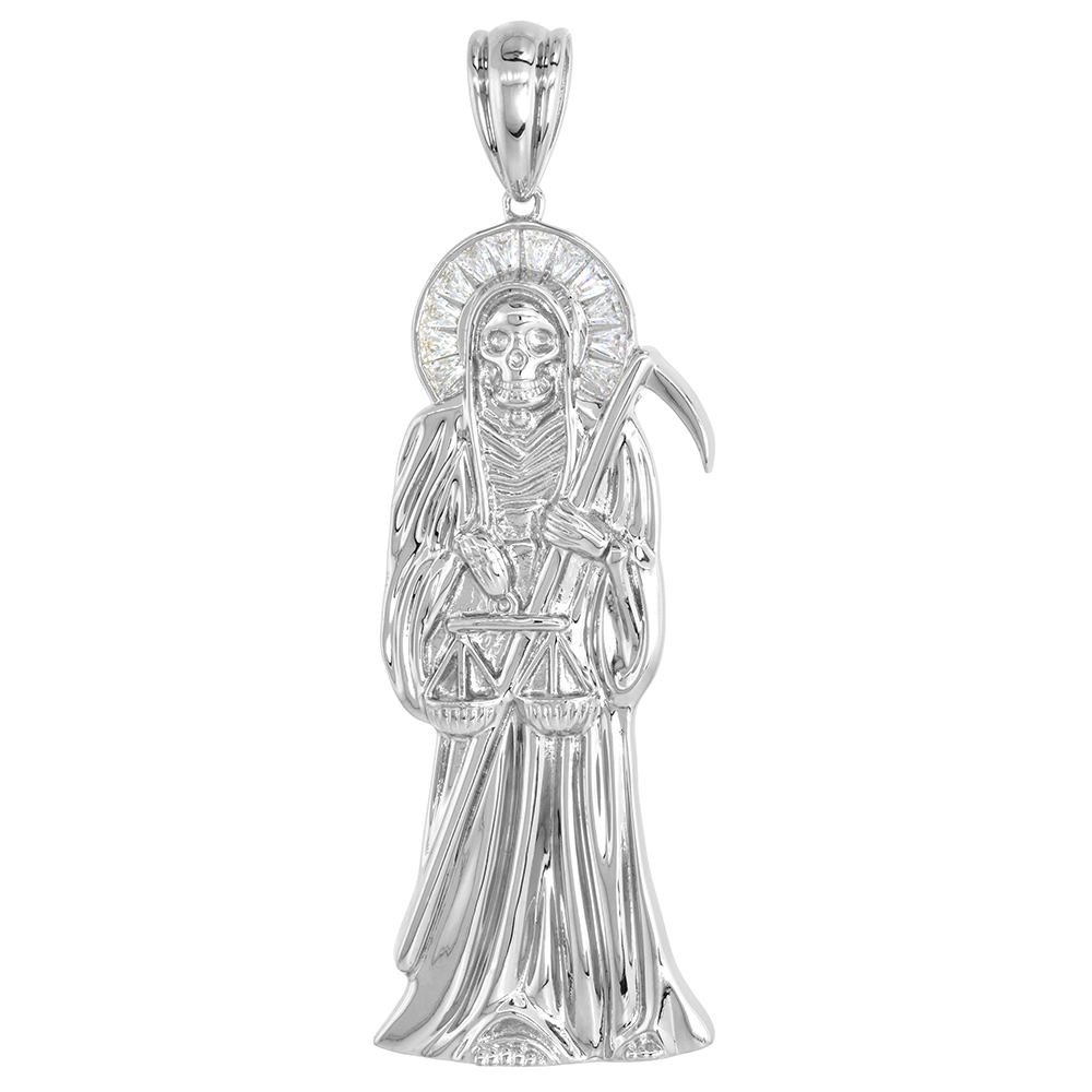 STERLING SILVER CUBIC ZIRCONIA SANTA MUERTE PENDANT VERY LARGE RHODIUM FINISHED, 2 9/16 INCH LONG