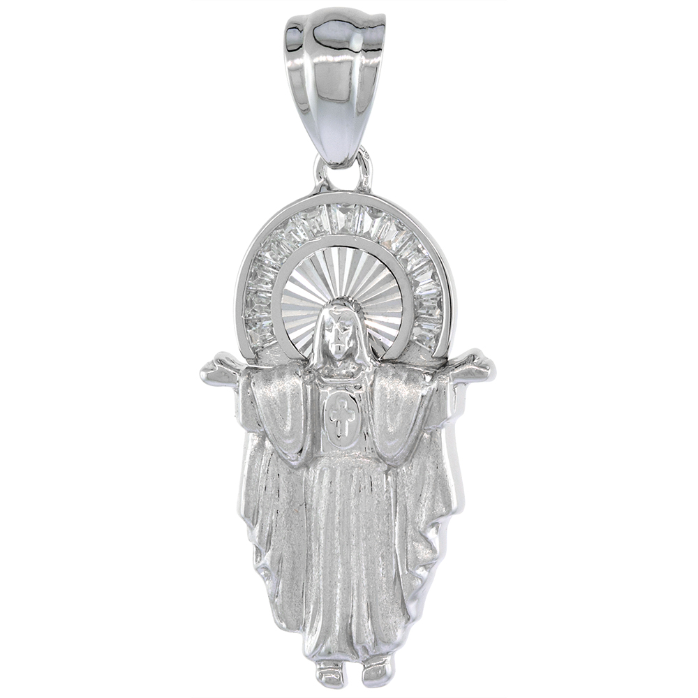 1 3/16 INCH STERLING SILVER CUBIC ZIRCONIA RISEN CHRIST PENDANT OUTSTRETCHED ARMS BAGUETTE HALO NO CHAIN INCLUDED (NO CHAIN)