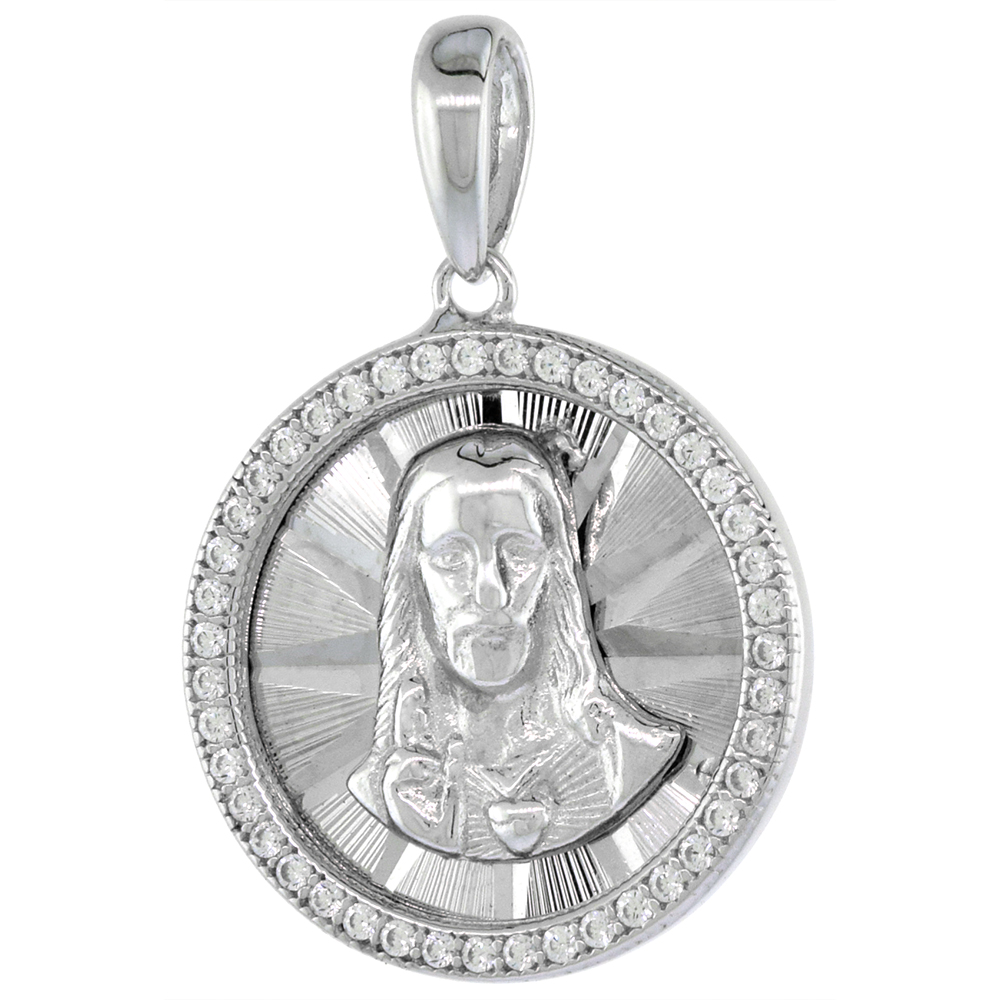 3/4 INCH ROUND STERLING SILVER CUBIC ZIRCONIA SACRED HEART OF JESUS PENDANT MICROPAVE HALO FACTED NO CHAIN INCLUDED (NO CHAIN)