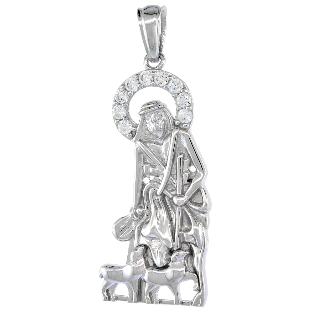 1 1/8 INCH STERLING SILVER CUBIC ZIRCONIA ST LAZARUS PENDANT MICROPAVE HALO RHODIUM FINISH NO CHAIN INCLUDED (NO CHAIN)