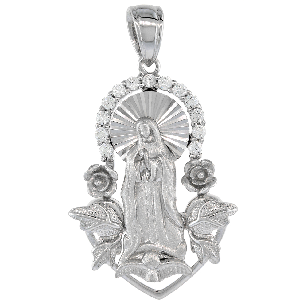 1 1/8 INCH STERLING SILVER CUBIC ZIRCONIA OUR LADY OF GUADALUPE PENDANT WITH ROSES MICROPAVE HALO RHODIUM FINISH NO CHAIN INCLUDED (NO CHAIN)