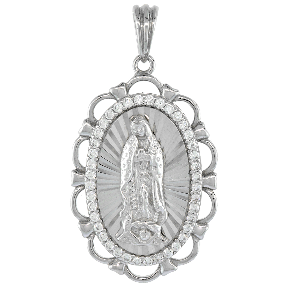 1 1/8 INCH OVAL STERLING SILVER CUBIC ZIRCONIA OUR LADY OF GUADALUPE PENDANT OVAL MICROPAVE HALO SCALLOPED FRAME RHODIUM FINISH NO CHAIN INCLUDED (NO CHAIN)