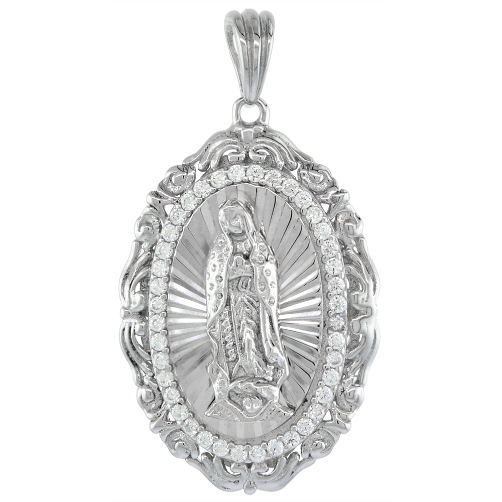 1 1/8 INCH OVAL STERLING SILVER CUBIC ZIRCONIA OUR LADY OF GUADALUPE PENDANT OVAL MICROPAVE HALO SCROLLED FRAME RHODIUM FINISH NO CHAIN INCLUDED (NO CHAIN)