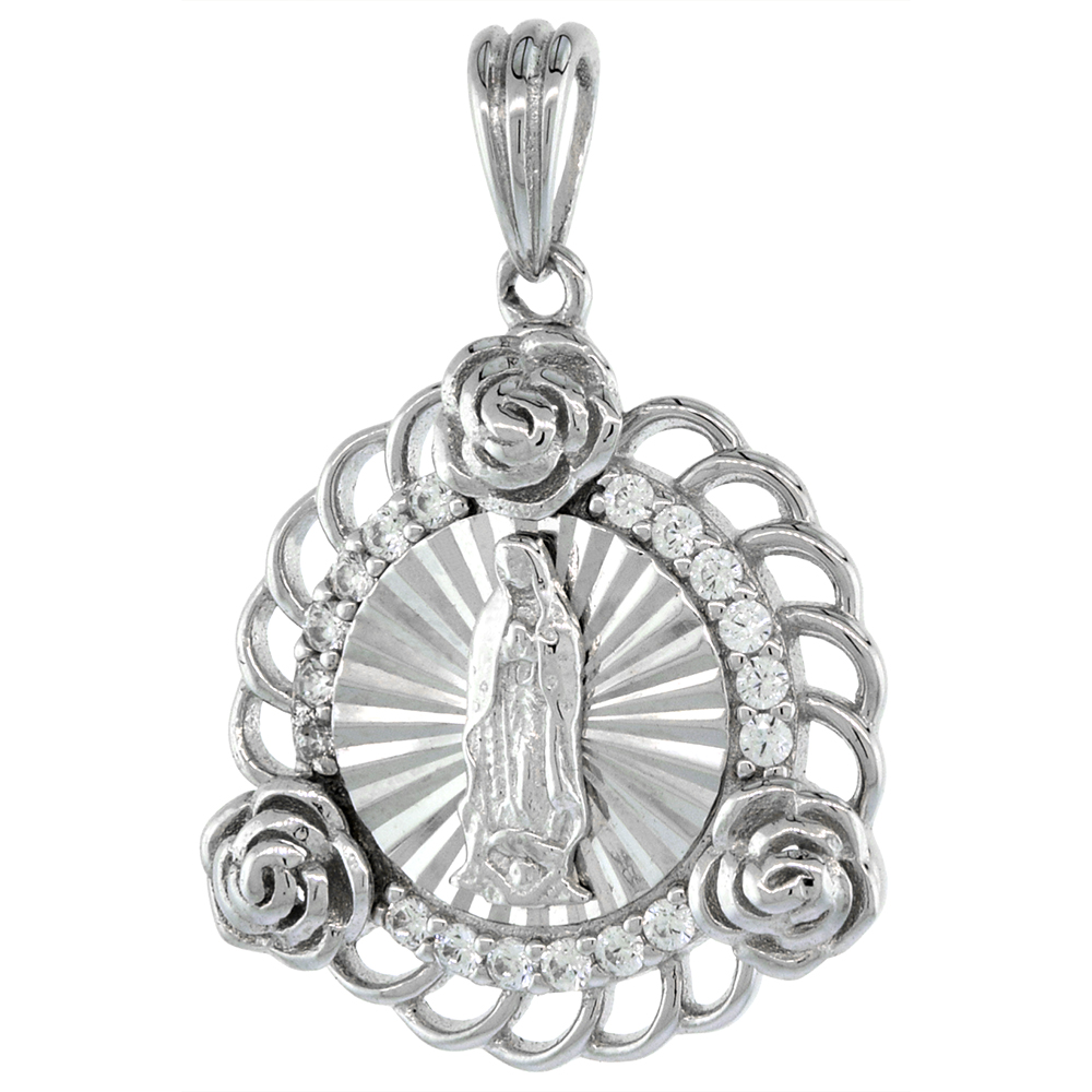 3/4 INCH ROUND STERLING SILVER CUBIC ZIRCONIA OUR LADY OF GUADALUPE PENDANT WITH 3 ROSES MICROPAVE HALO SCROLLED FRAME NO CHAIN INCLUDED (NO CHAIN)