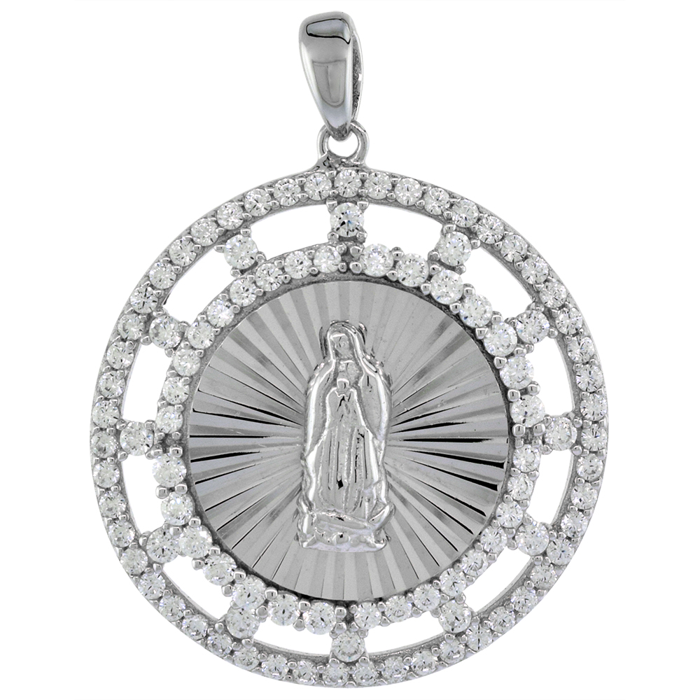 1 INCH ROUND STERLING SILVER CUBIC ZIRCONIA OUR LADY OF GUADALUPE PENDANT MICROPAVE HALO WHEEL FRAME NO CHAIN INCLUDED (NO CHAIN)