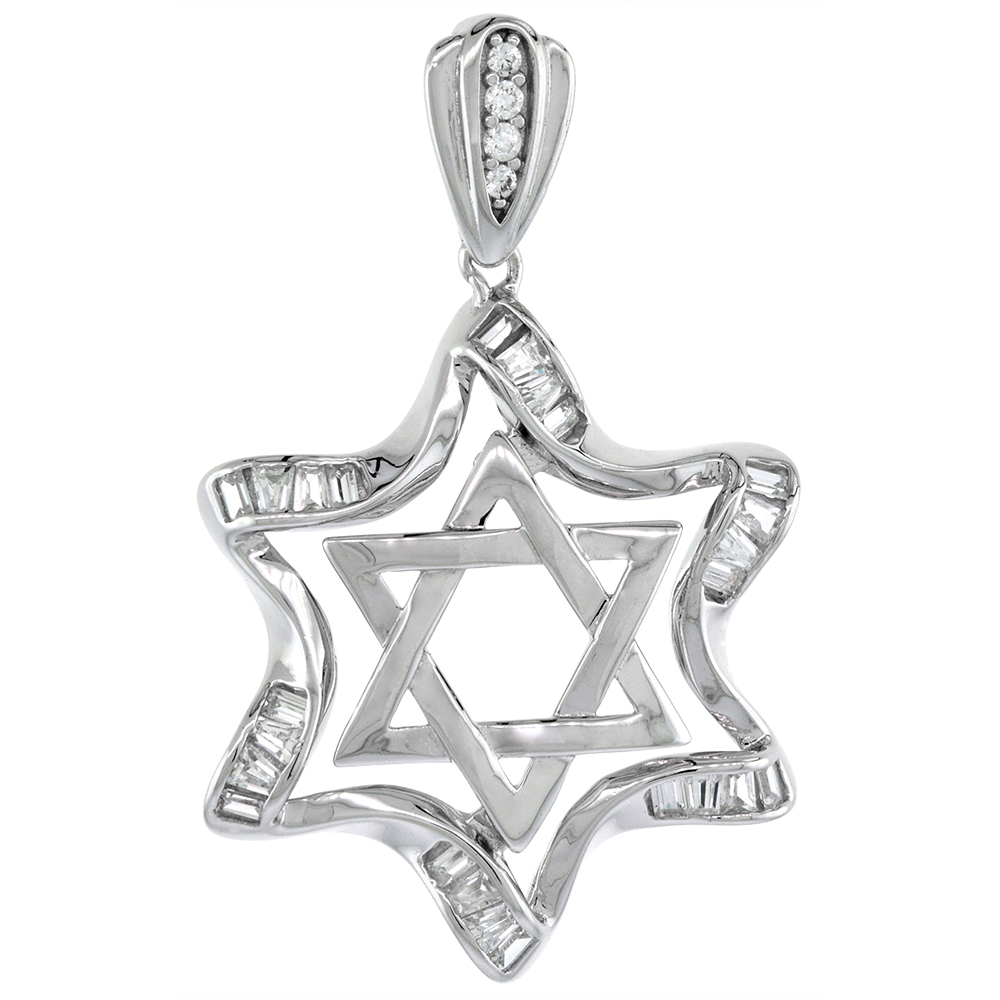 1 1/16 INCH STERLING SILVER CUBIC ZIRCONIA JEWISH STAR OF DAVID PENDANT BAGUETTE CZ HALO NO CHAIN INCLUDED (NO CHAIN)