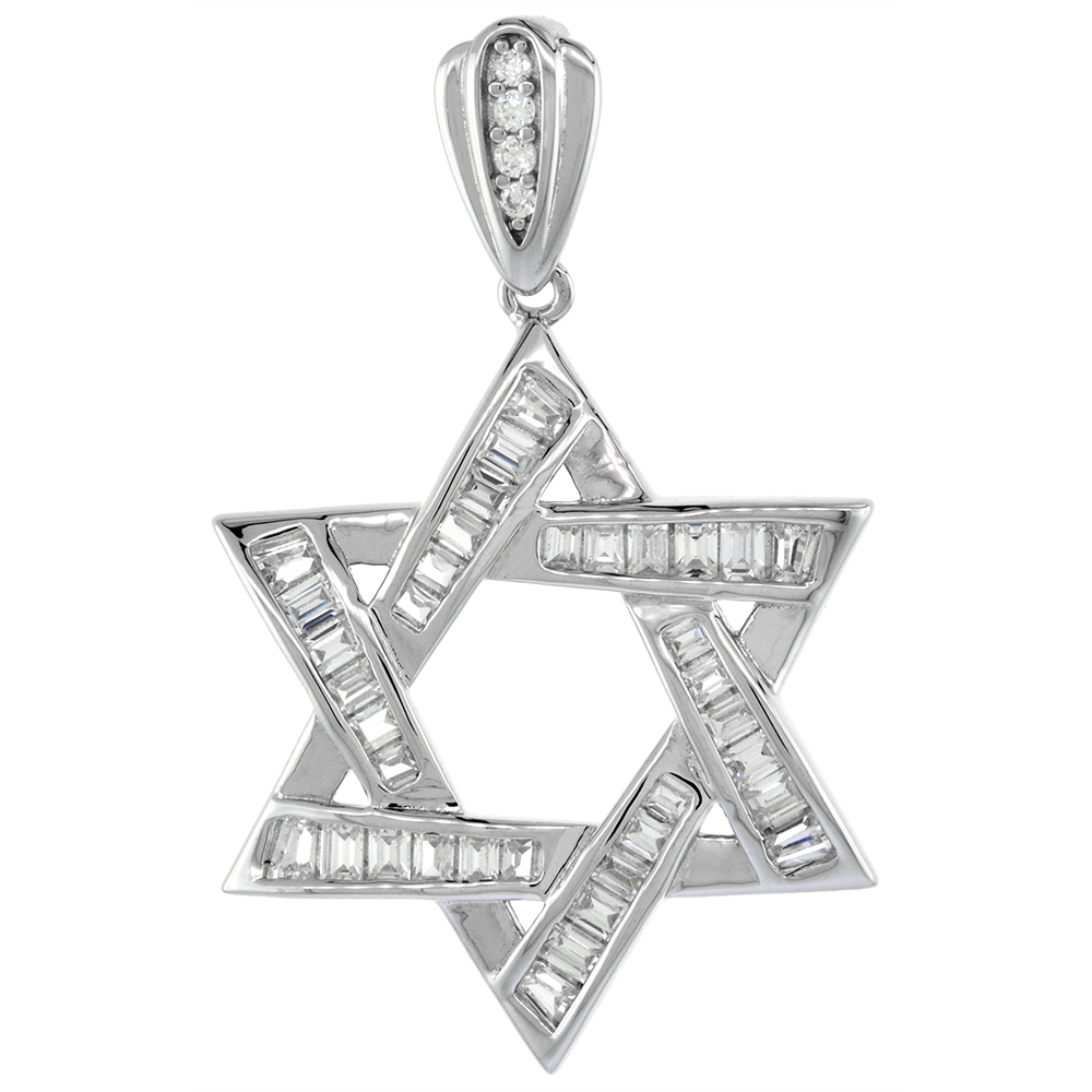 1 INCH STERLING SILVER BAGUETTE CUBIC ZIRCONIA STAR OF DAVID PENDANT RHODIUM FINISH NO CHAIN INCLUDED (NO CHAIN)