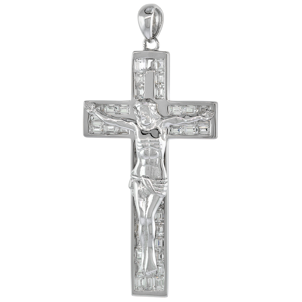 1 1/2 INCH STERLING SILVER BAGUETTE CZ CRUCIFIX PENDANT FOR MEN AND WOMEN FLUSH SET RHODIUM FINISH