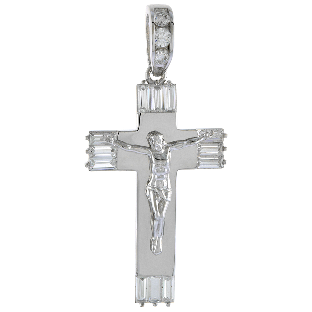 1 1/2 INCH STERLING SILVER CUBIC ZIRCONIA CRUCIFIX PENDANT WOMEN MEN BAGUETTE CUT ENDS RHODIUM FINISH