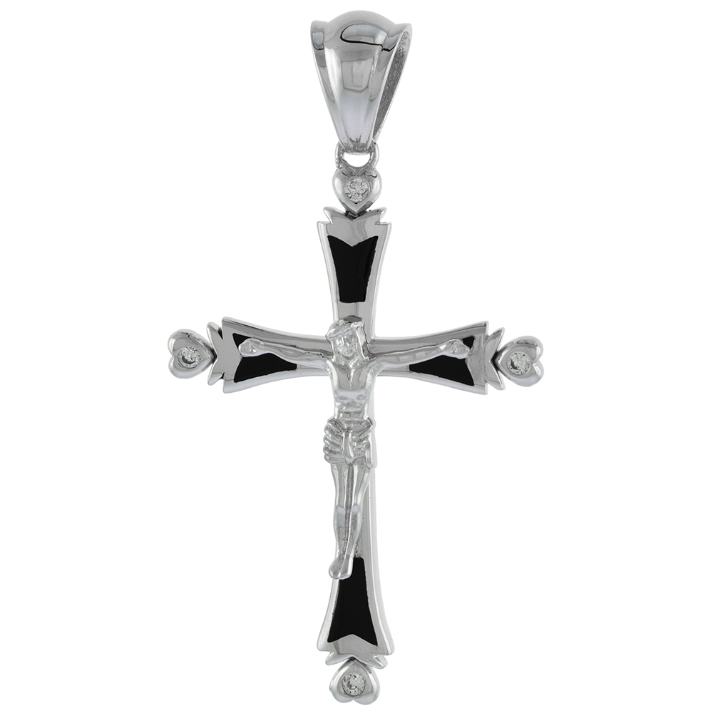 1 1/2 INCH STERLING SILVER CUBIC ZIRCONIA BUDDED CROSS CRUCIFIX PENDANT WOMEN MEN BLACK ENAMEL HEART ENDS RHODIUM FINISH