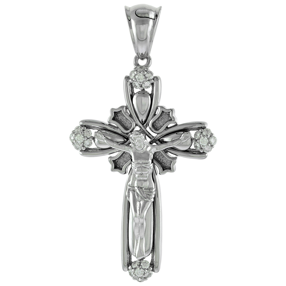 1 1/2 INCH STERLING SILVER CUBIC ZIRCONIA TULIP CRUCIFIX PENDANT MEN WOMEN RHODIUM FINISH