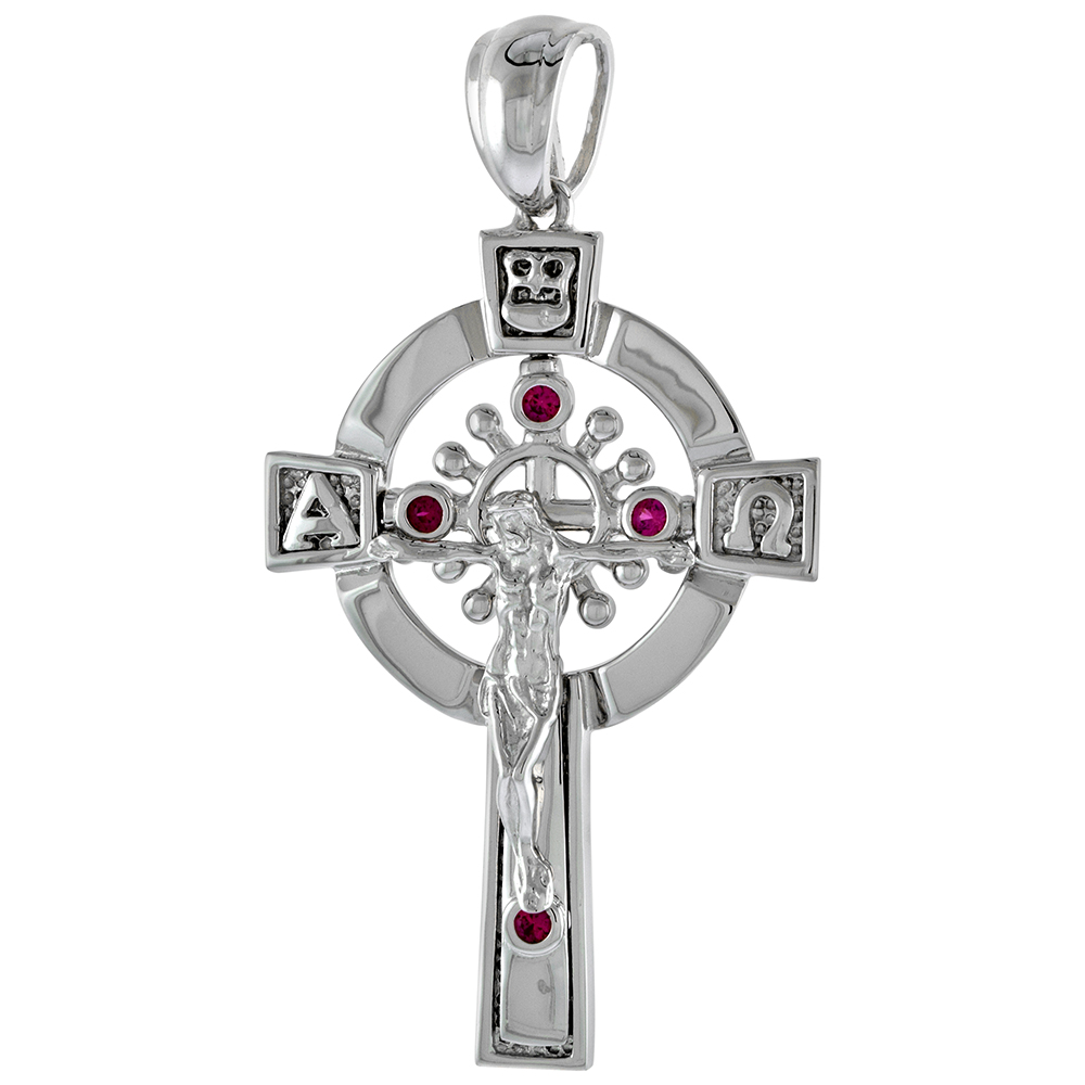 1 3/4 INCH STERLING SILVER RED CZ ALPHA AND OMEGA CRUCIFIX PENDANT MEN WOMEN RHODIUM FINISH