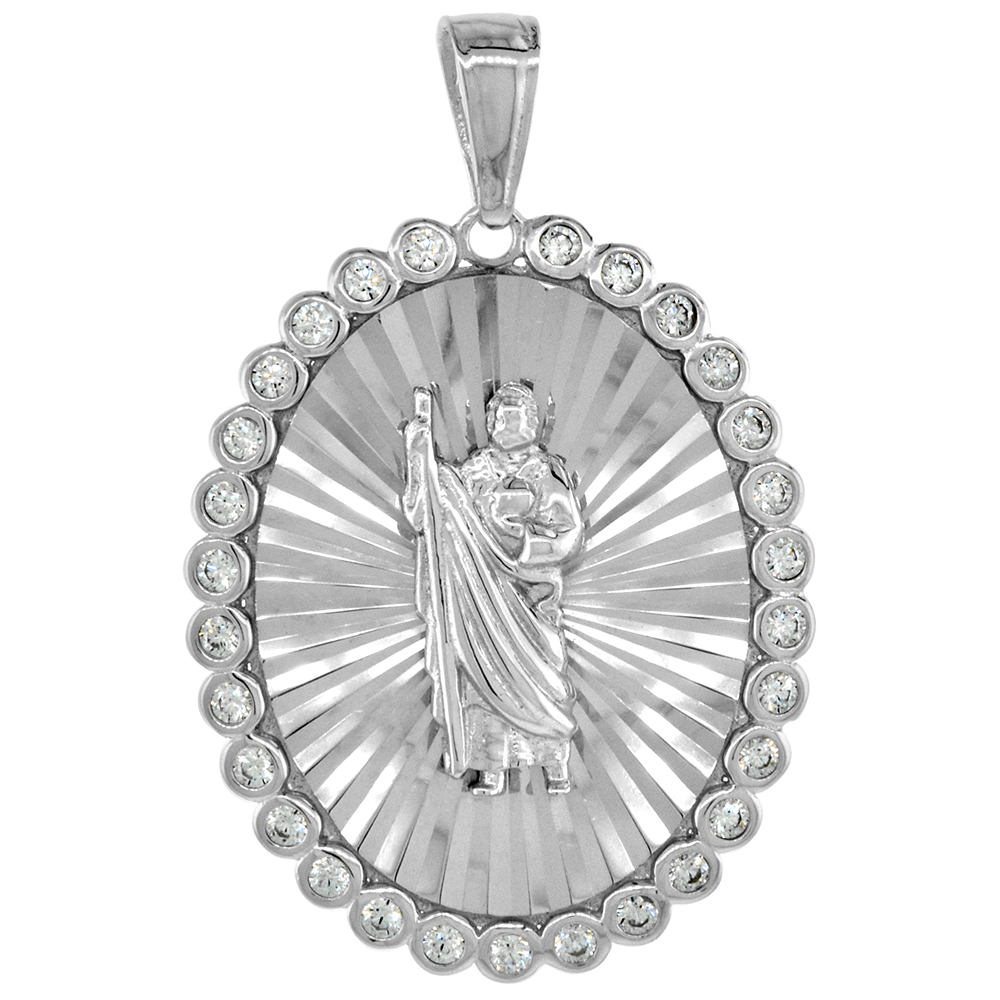 1 INCH STERLING SILVER ST JUDE MEDAL PENDANT FOR MEN CZ HALO DIAMOND CUT RHODIUM FINISH OVAL