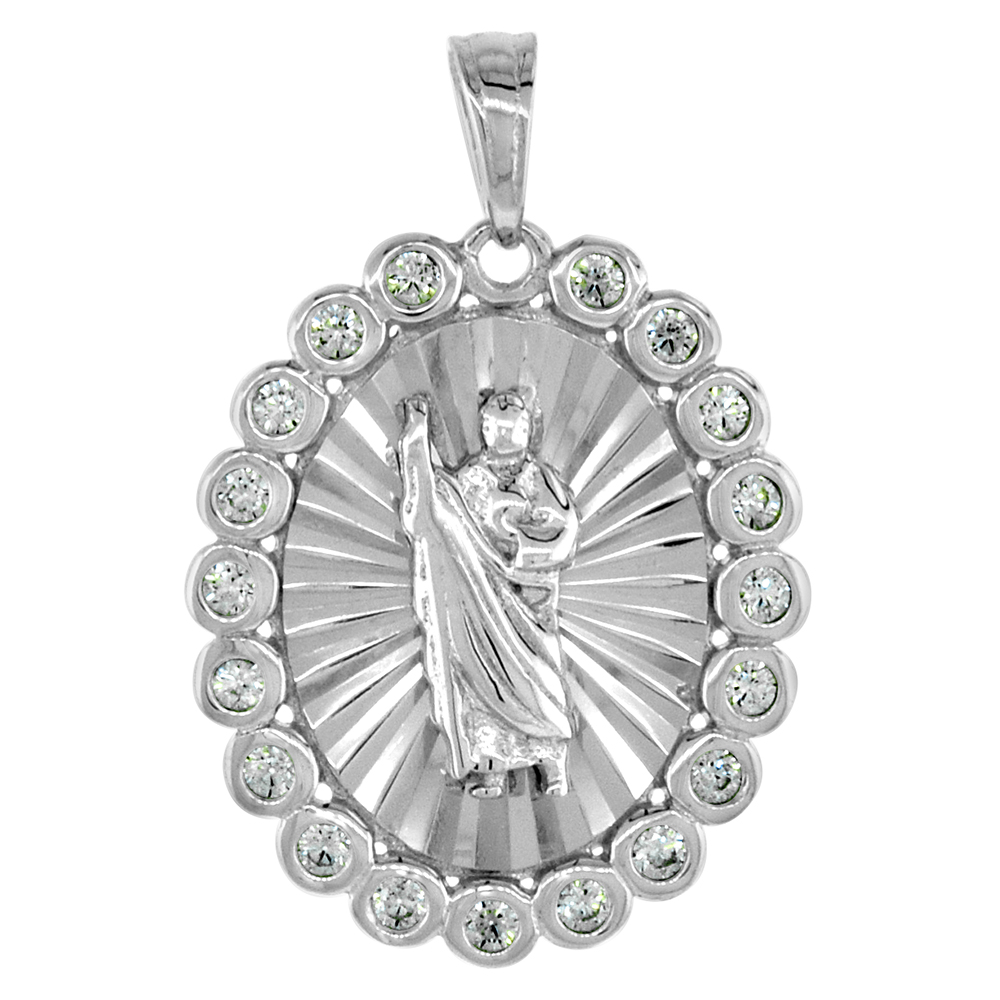 3/4 INCH STERLING SILVER ST JUDE MEDAL PENDANT FOR WOMEN CZ HALO DIAMOND CUT RHODIUM FINISH OVAL