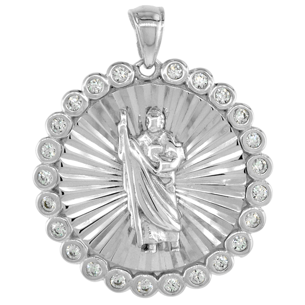 STERLING SILVER SAINT JUDE MEDAL PENDANT CUBIC ZIRCONIA DIAMOND CUT RHODIUM FINISH 3/4 INCH ROUND
