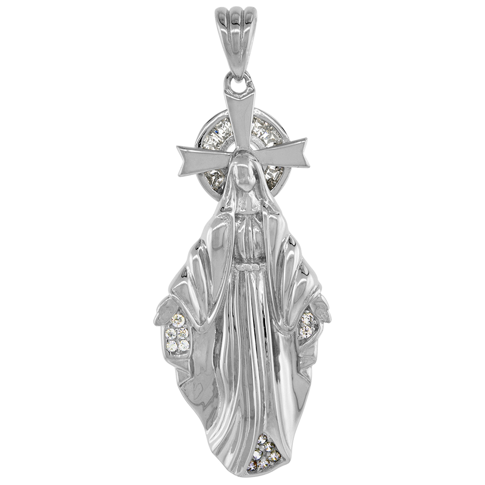 STERLING SILVER MIRACULOUS MARY PENDANT CUBIC ZIRCONIA RHODIUM FINISH 1 3/8 INCH TALL