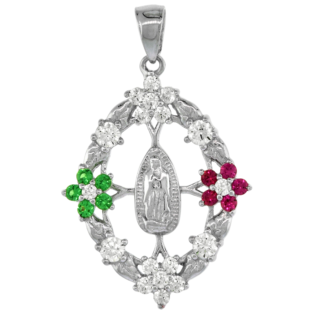 STERLING SILVER ST GUADALUPE MEDAL PENDANT MULTICOLOR CUBIC ZIRCONIA RHODIUM FINISH 13/16 INCH