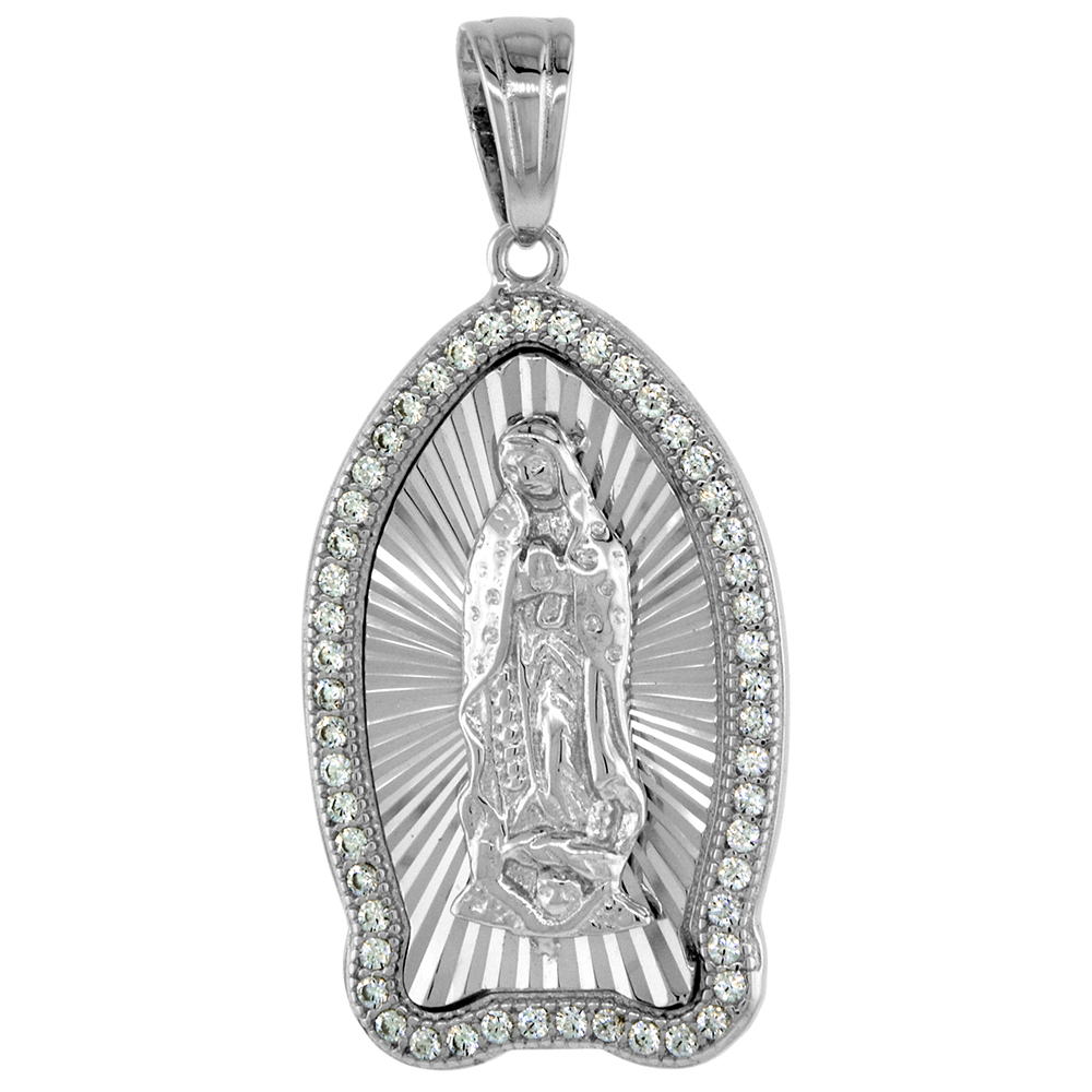 1 INCH STERLING SILVER ST GUADALUPE MEDAL PENDANT FOR WOMEN DIAMOND CUT CZ HALO RHODIUM FINISH