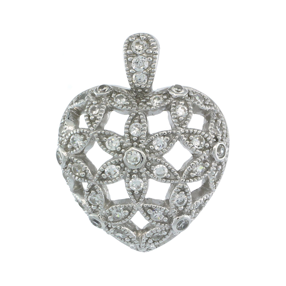 STERLING SILVER CUBIC ZIRCONIA FLORAL HEART PENDANT 1 1/16 INCH WIDE