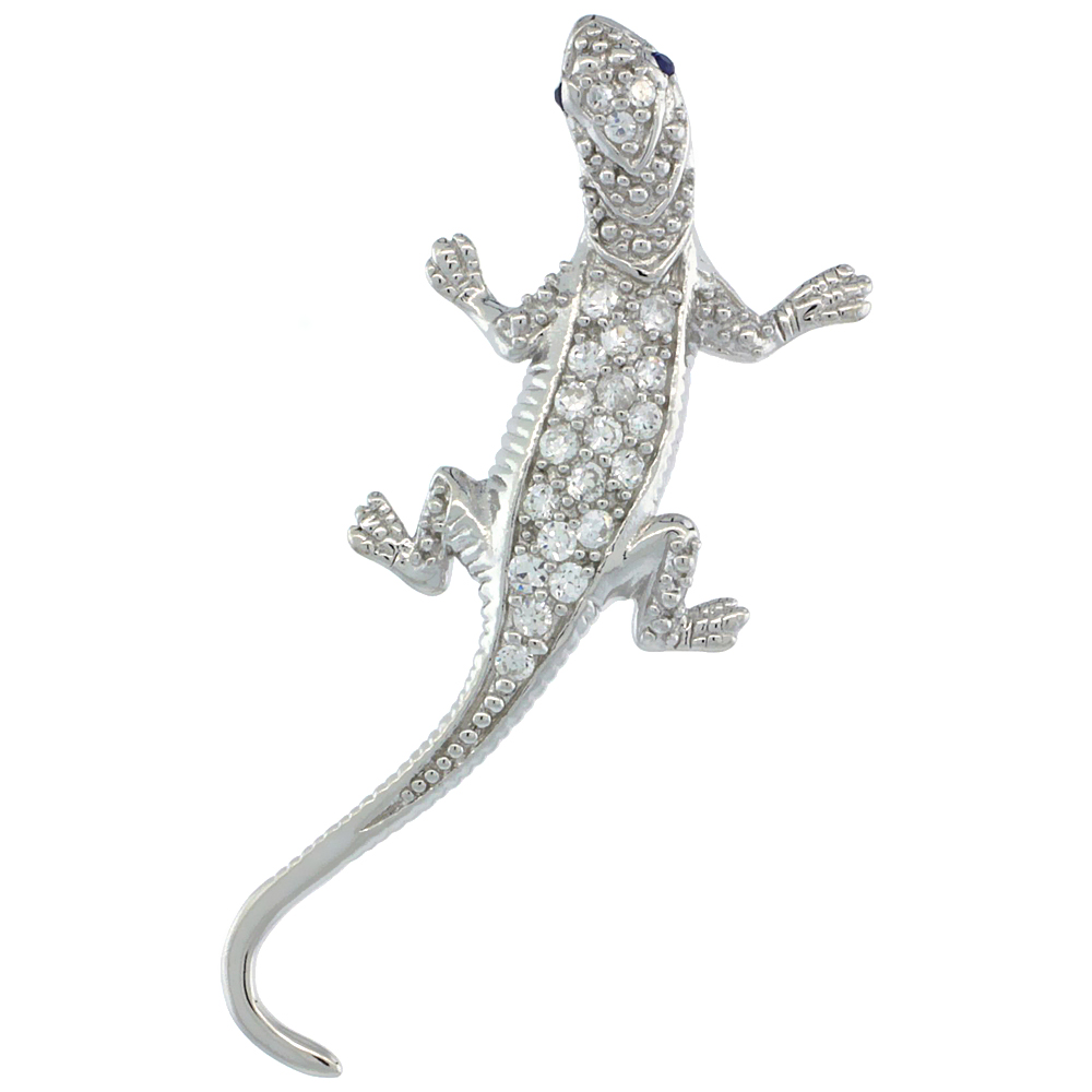STERLING SILVER CUBIC ZIRCONIA GECKO LIZARD PENDANT 1 1/2 INCH LONG