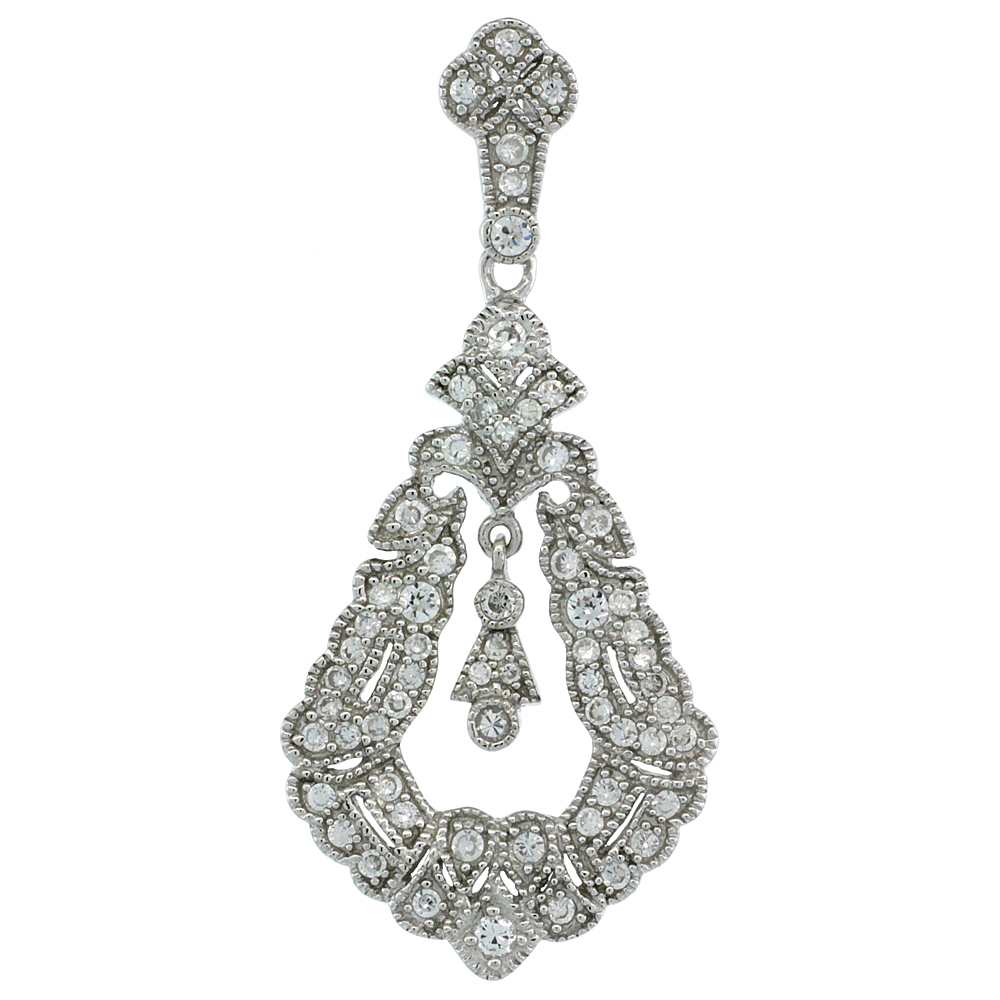 STERLING SILVER PEAR CUT OUT PENDANT W/ CUBIC ZIRCONIA STONES 1 1/4 IN. (33 MM) TALL