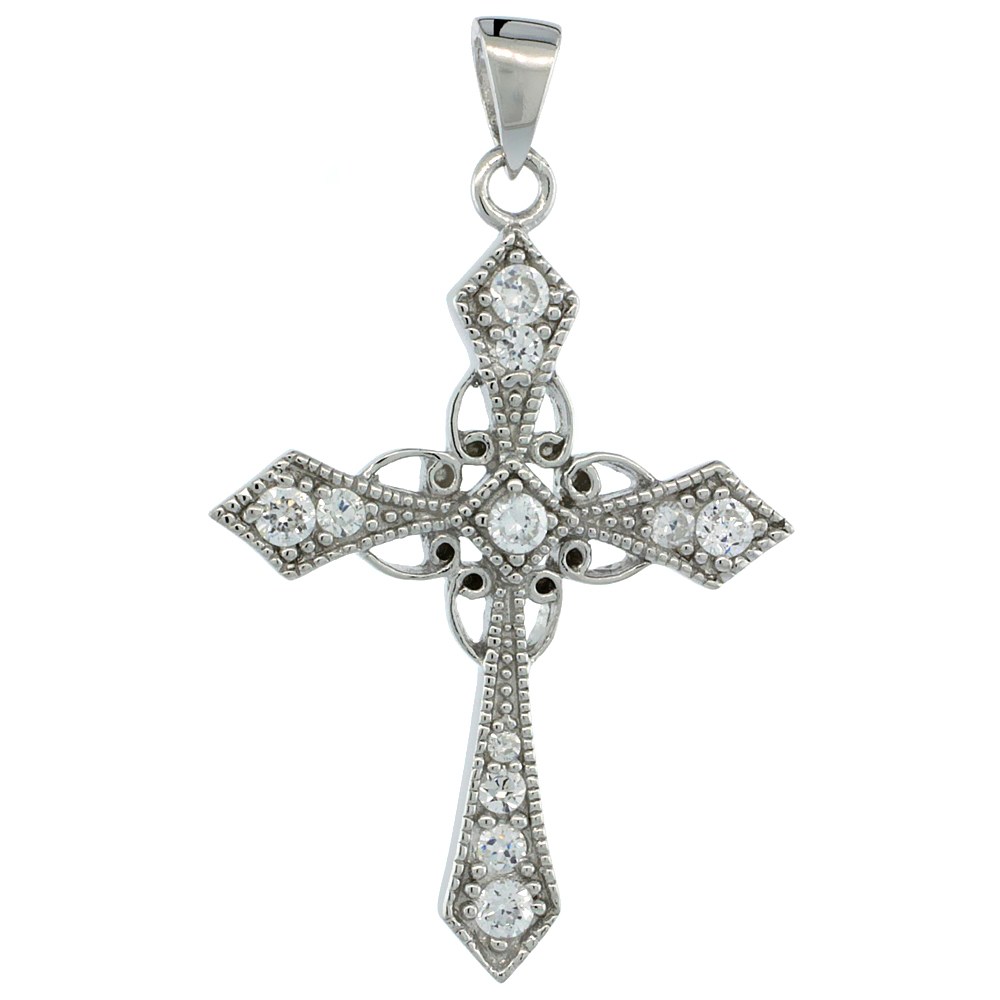 STERLING SILVER FLORAL PATONCE CROSS PENDANT W/ CUBIC ZIRCONIA STONES 1 3/16 IN. (31 MM) TALL