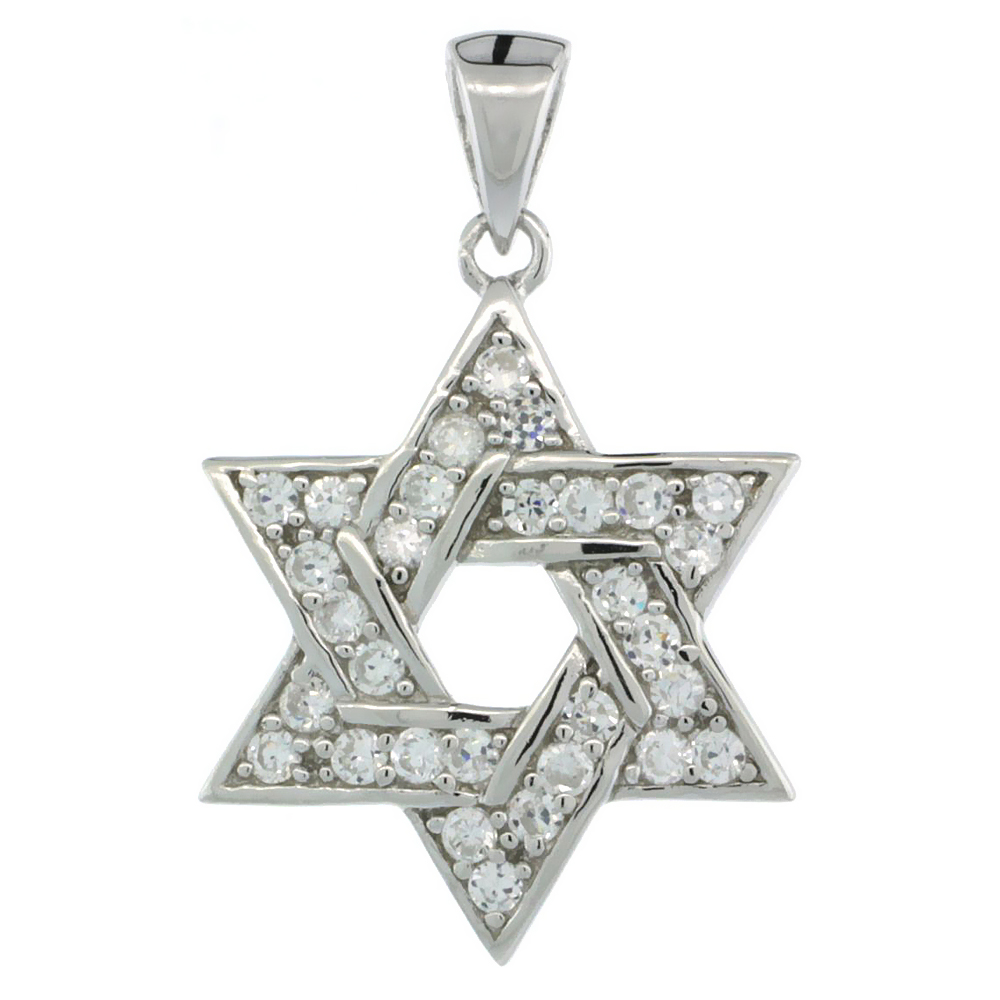 STERLING SILVER JEWISH STAR OF DAVID PENDANT W/ CUBIC ZIRCONIA STONES 13/16 IN. (21 MM) TALL