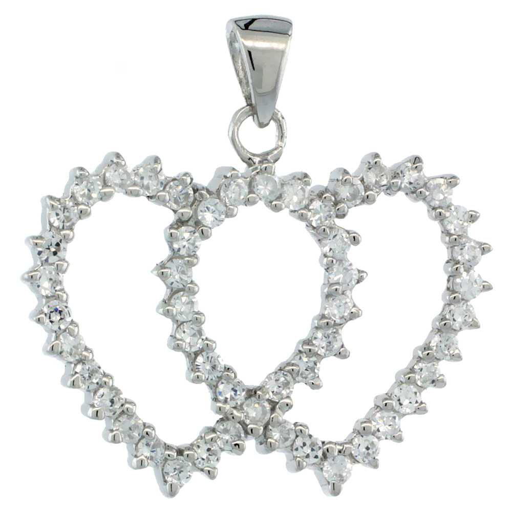 STERLING SILVER DOUBLE HEART CUT OUT PENDANT W/ CUBIC ZIRCONIA STONES 13/16 IN. (21MM) TALL