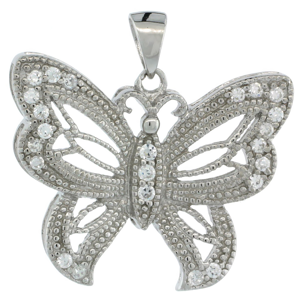 STERLING SILVER BUTTERFLY PENDANT W/ CUBIC ZIRCONIA STONES 3/4 IN. (20 MM) TALL
