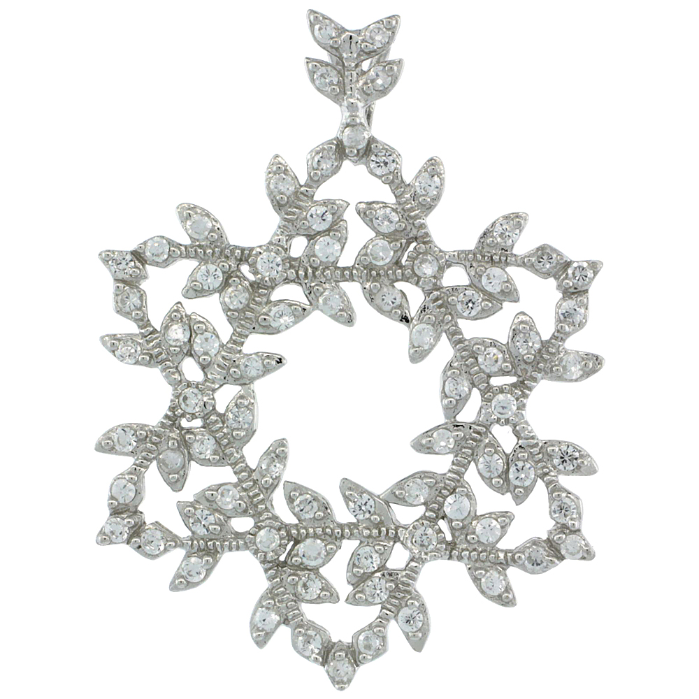 STERLING SILVER FLORAL WREATH PENDANT W/ CUBIC ZIRCONIA STONES 1 1/8 IN. (28 MM) TALL