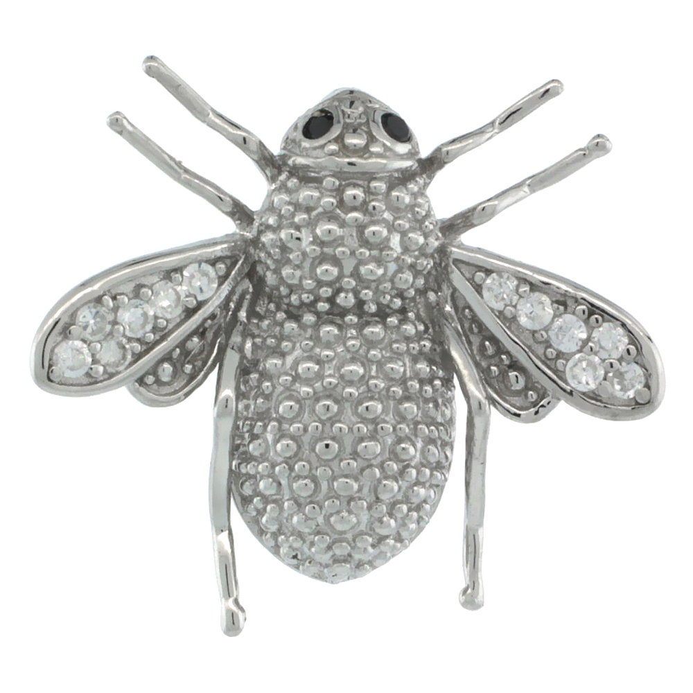 Sterling Silver Honey Bee Pendant Slide w/ Cubic Zirconia Stones, 3/4 in. (19 mm) tall