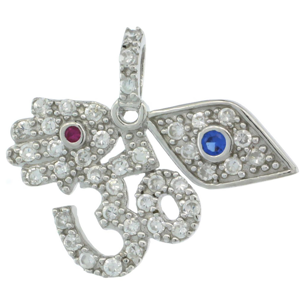 Sterling Silver OM Aum, Hamsa, Evil Eye Pendant w/ Cubic Zirconia Stones, 15/16 in. (24 mm) wide