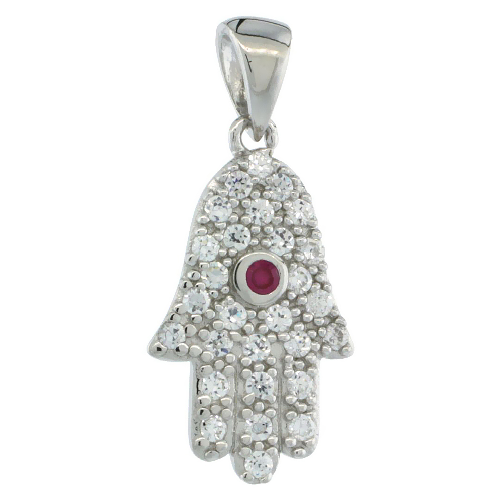 STERLING SILVER HAMSA ( HAND OF GOD ) RED CENTER PENDANT W/ CUBIC ZIRCONIA STONES 3/4 IN. (19 MM) TALL