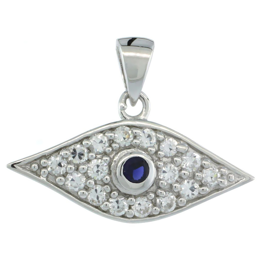 Sterling Silver Evil Eye Blue Center Pendant w/ Cubic Zirconia Stones, 7/8 in. (23 mm) wide