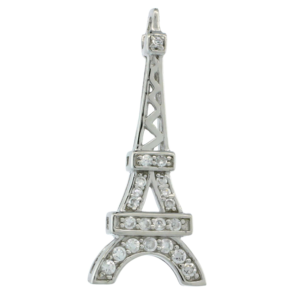 Sterling Silver Eiffel Tower Pendant w/ Cubic Zirconia Stones, 1 1/16 in. (26 mm) tall