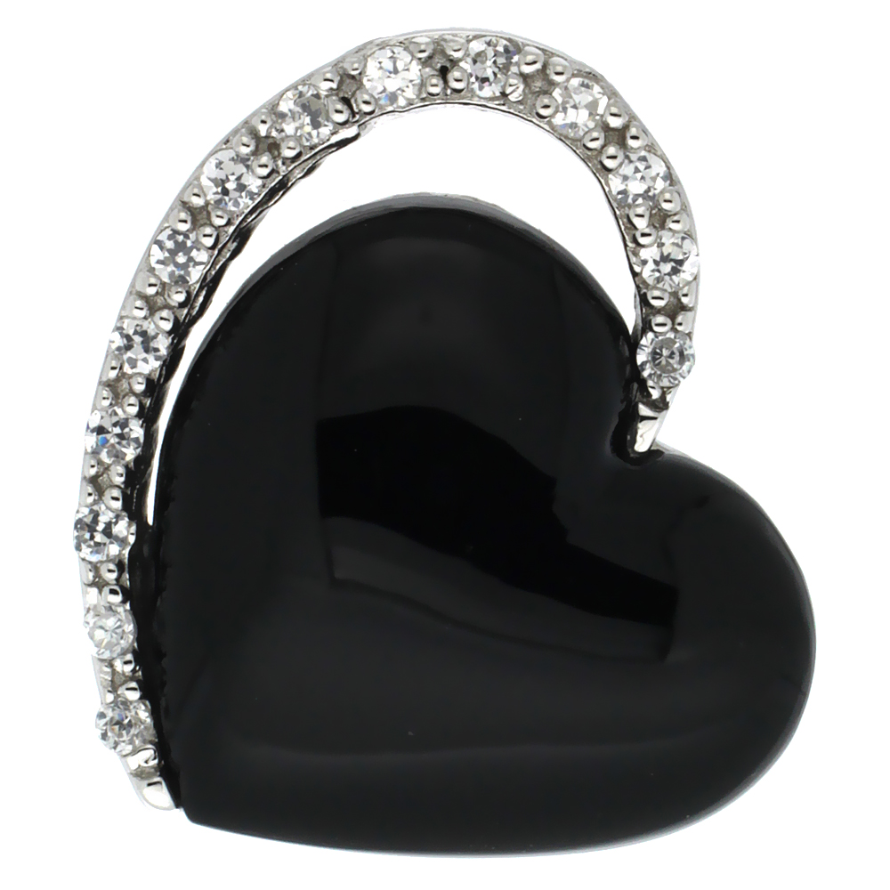 Sterling Silver Jet Black Stone Heart Slide Pendant CZ Accent 3/4 inch