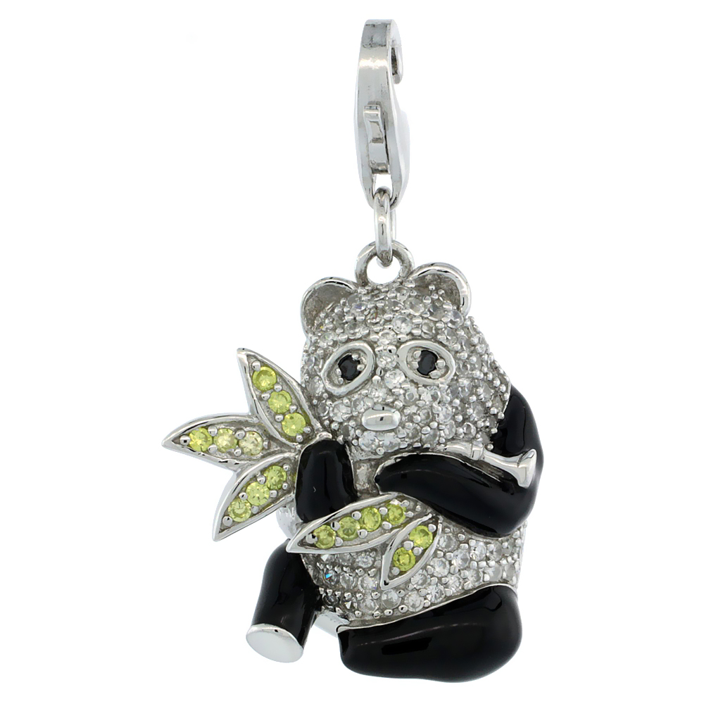 STERLING SILVER ENAMEL BLACK PANDA CHARM WITH LOBSTER CLASP FOR BRACELETS WOMEN GREEN CZ 15/16 INCH