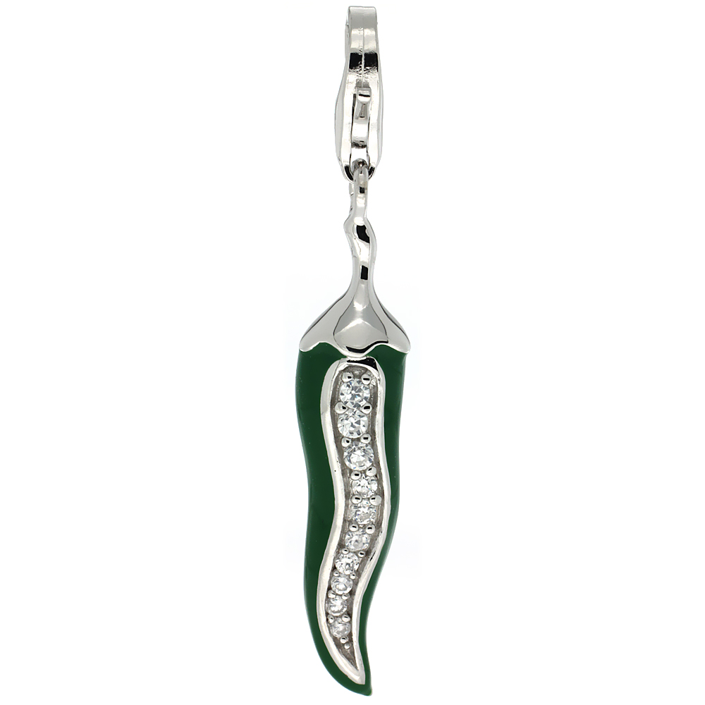 STERLING SILVER CZ ENAMEL GREEN CHILI PEPPER CHARM WITH LOBSTER CLASP FOR BRACELETS WOMEN 1 5/16 INCH