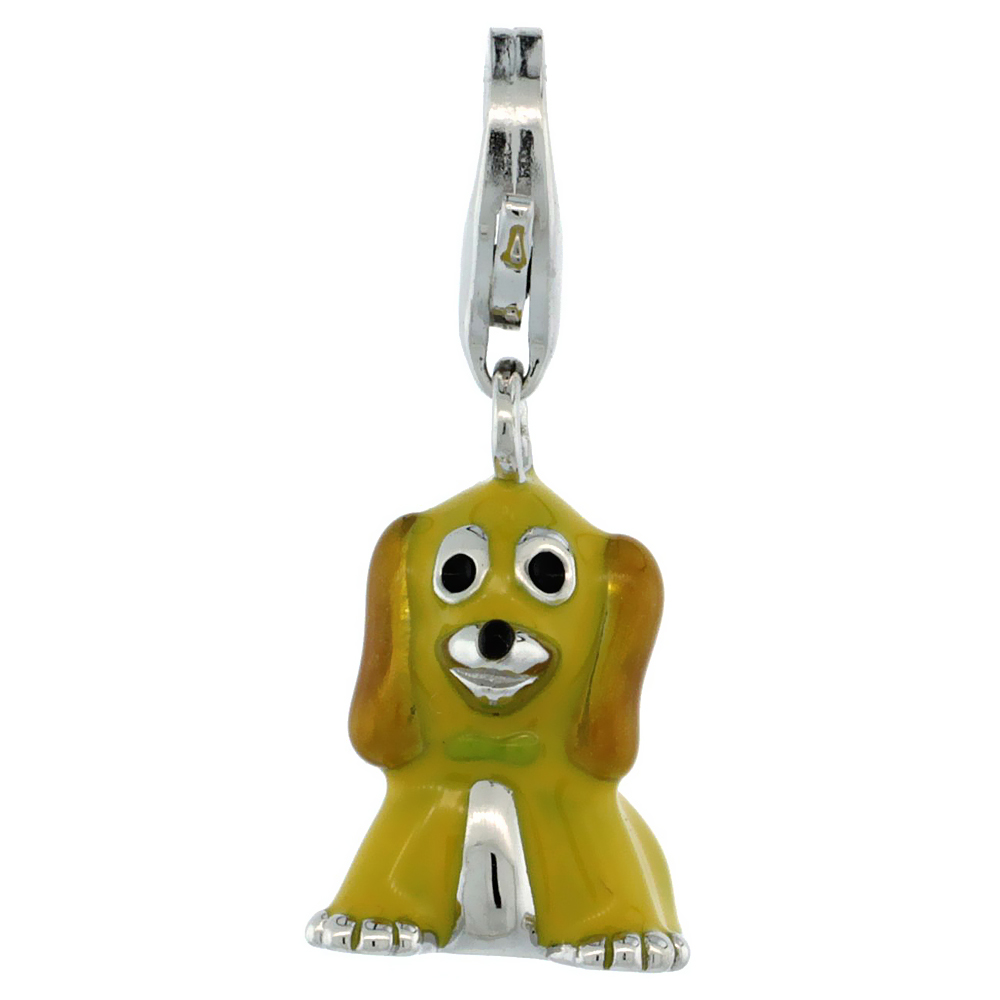 STERLING SILVER ENAMEL YELLOW PUPPY DOG CHARM WITH LOBSTER CLASP FOR BRACELETS WOMEN 5/8 INCH