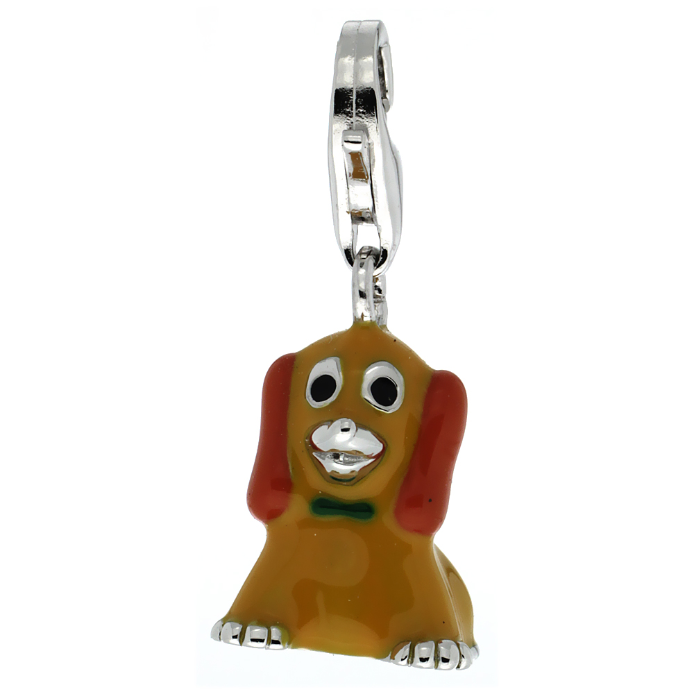 STERLING SILVER ENAMEL RED EAR YELLOW PUPPY DOG CHARM WITH LOBSTER CLASP FOR BRACELETS WOMEN 5/8 INCH