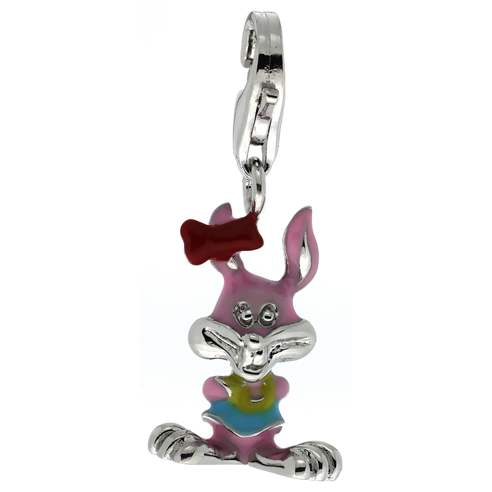 Sterling Silver Enamel Pink &amp; Blue Girl Bunny Rabbit Charm with Lobster Clasp for Bracelets Women 3/4 inch