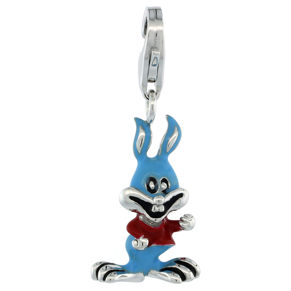 Sterling Silver Enamel Blue &amp; Red Boy Bunny Rabbit Charm with Lobster Clasp for Bracelets Women 3/4 inch